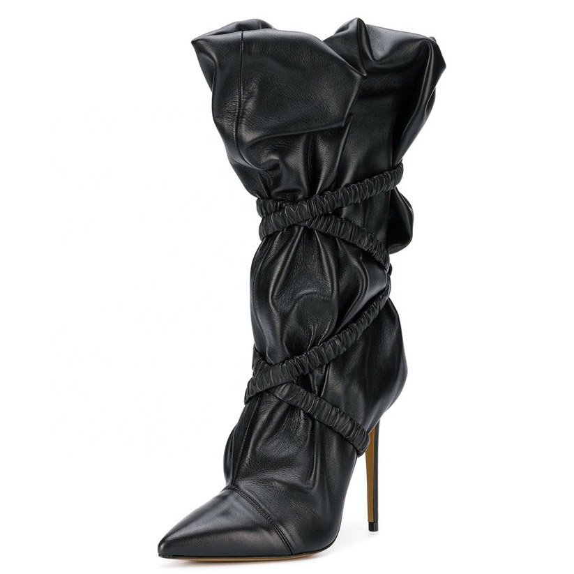 New fashion custom made black soft Nappa PU wrinkles upper pointed toe high heel ladies ankle boots