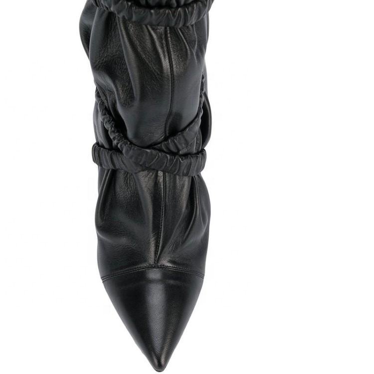 New fashion custom made black soft Nappa PU wrinkles upper pointed toe high heel ladies ankle boots