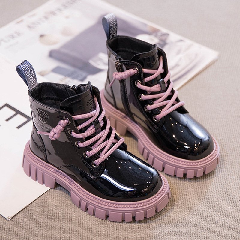 Fashion Design Winter Fall Kids Plush Shoes Brand Little Girls Children's Black Leather Motorcycle Ankle Martin Boots