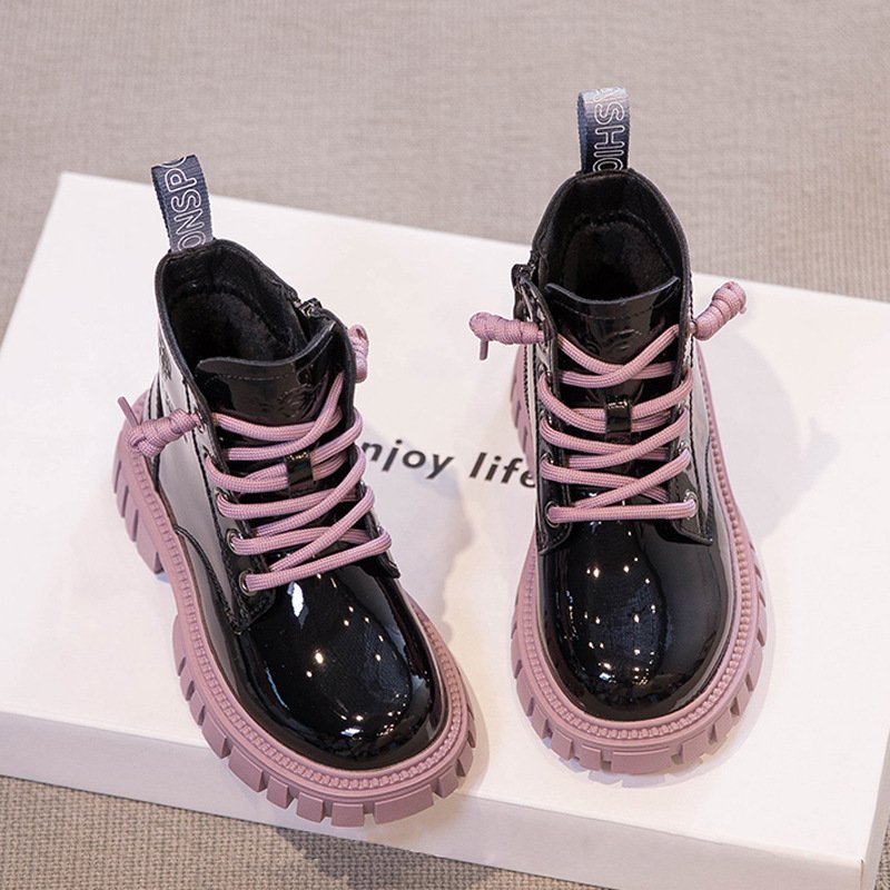 Fashion Design Winter Fall Kids Plush Shoes Brand Little Girls Children's Black Leather Motorcycle Ankle Martin Boots