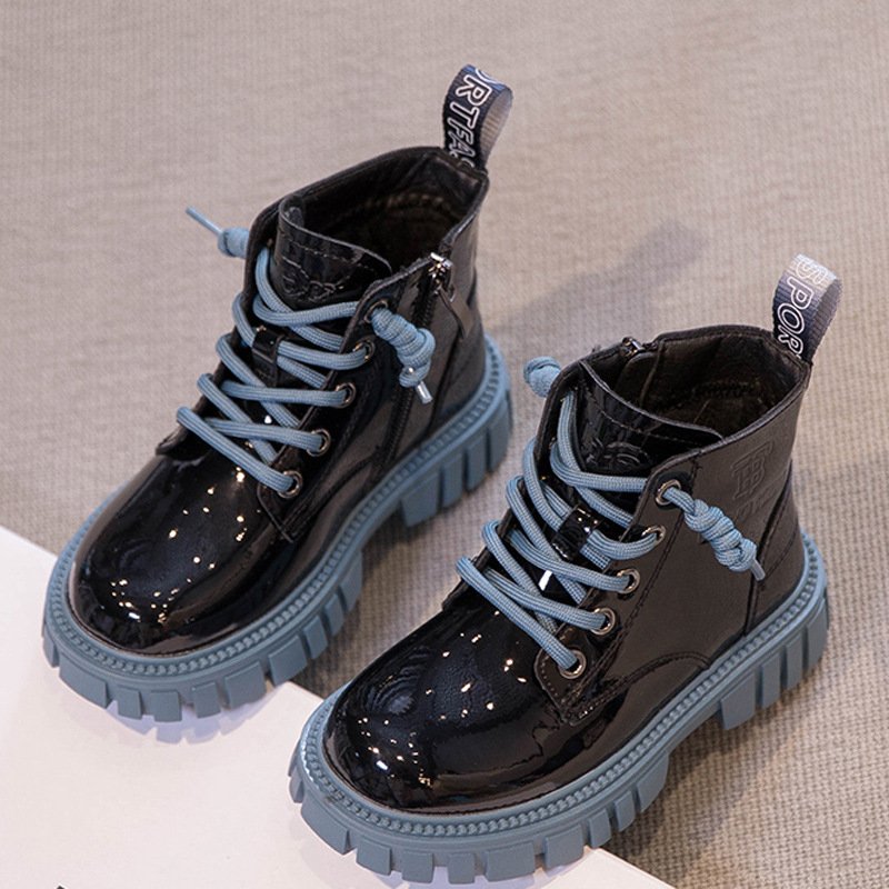 Fashion Design Winter Fall Kids Plush Shoes Brand Little Girls Children's Black Leather Motorcycle Ankle Martin Boots