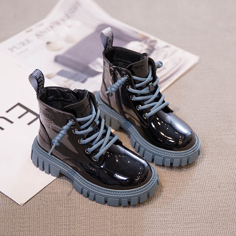 Fashion Design Winter Fall Kids Plush Shoes Brand Little Girls Children's Black Leather Motorcycle Ankle Martin Boots