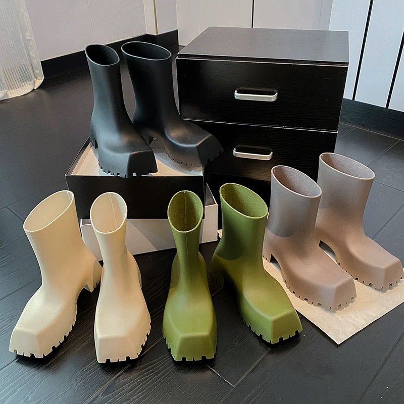 Walking Paris Style Women's Shoes Casual Square Gear Thick Bottom Rain Rubber Boots