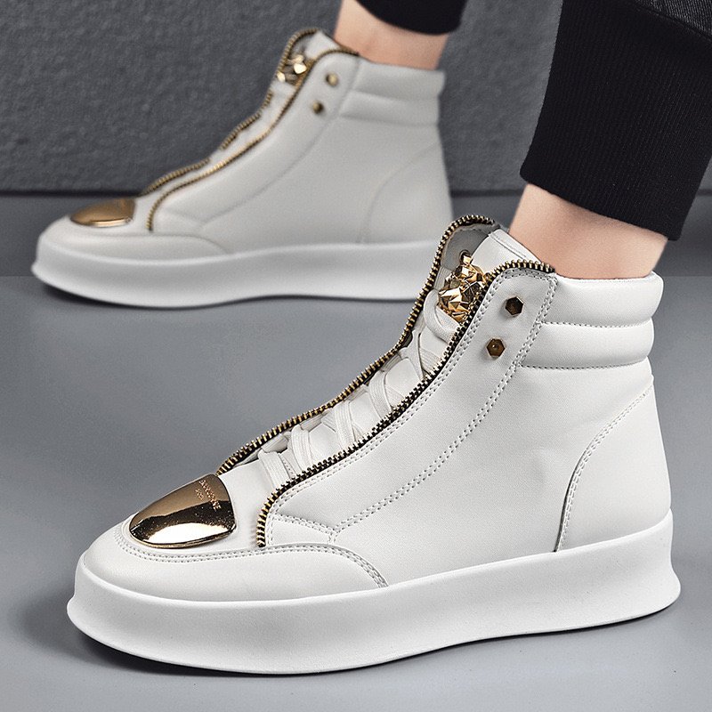 Fashion shoes spring new male high top board shoes metal casual leather boots male Korean boots