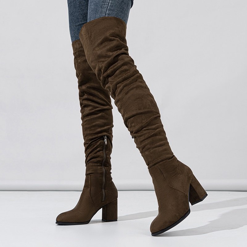 2023 New Winter Zipper Women Over-the-Knee Boots Fashion Flock Square Heel Shoes Thigh High Long Botas De Mujer 35-42