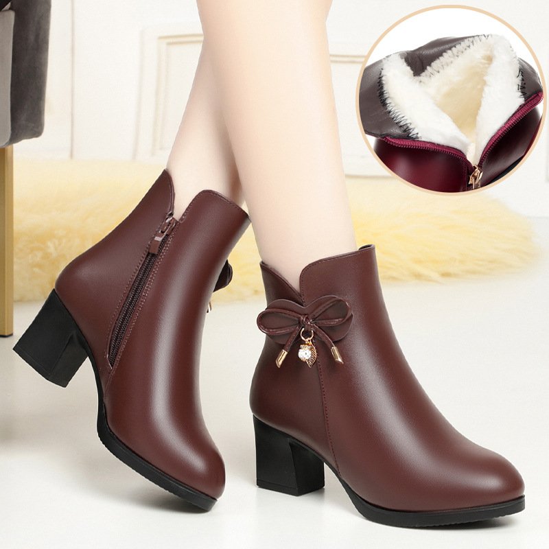high quality fashion outdoor winter women shoes leather thick sole short heel ankle boots for women