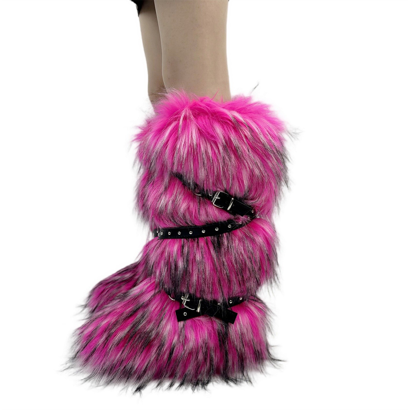Faux Fur Women Knee High Boots Winter Cross Belt Casual Fashion Gothic Keep Warm Slip- on Snow Shoes