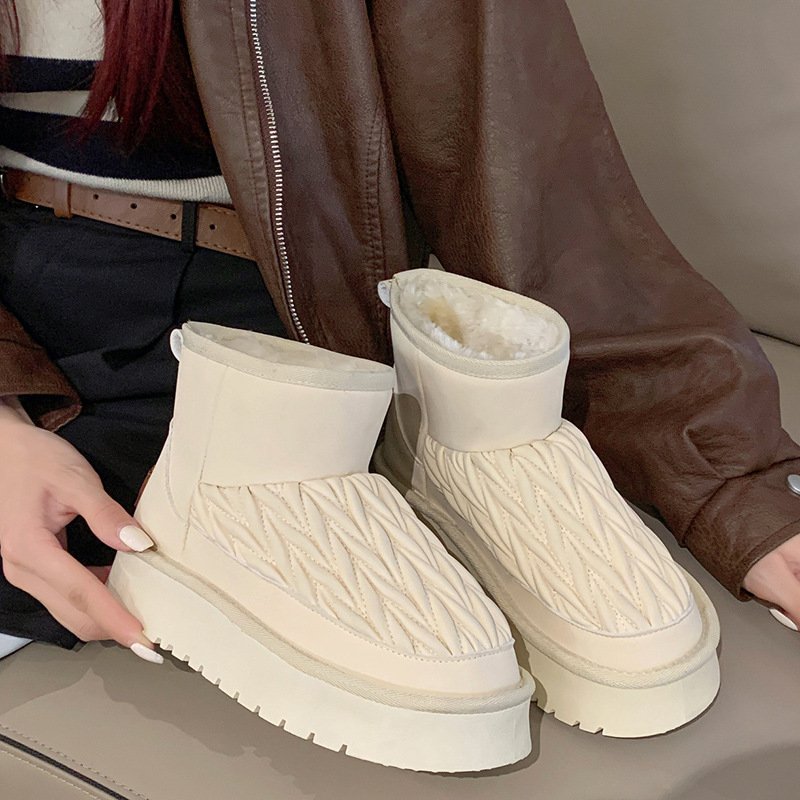 Winter New Round Head Plus Fleece Flat Fashion Casual Thick Cotton Shoes Shoe Hombr Thick Warm Short Snow Boots For Women