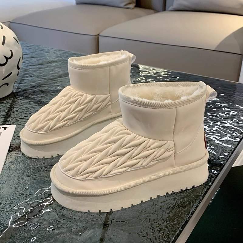 Winter New Round Head Plus Fleece Flat Fashion Casual Thick Cotton Shoes Shoe Hombr Thick Warm Short Snow Boots For Women