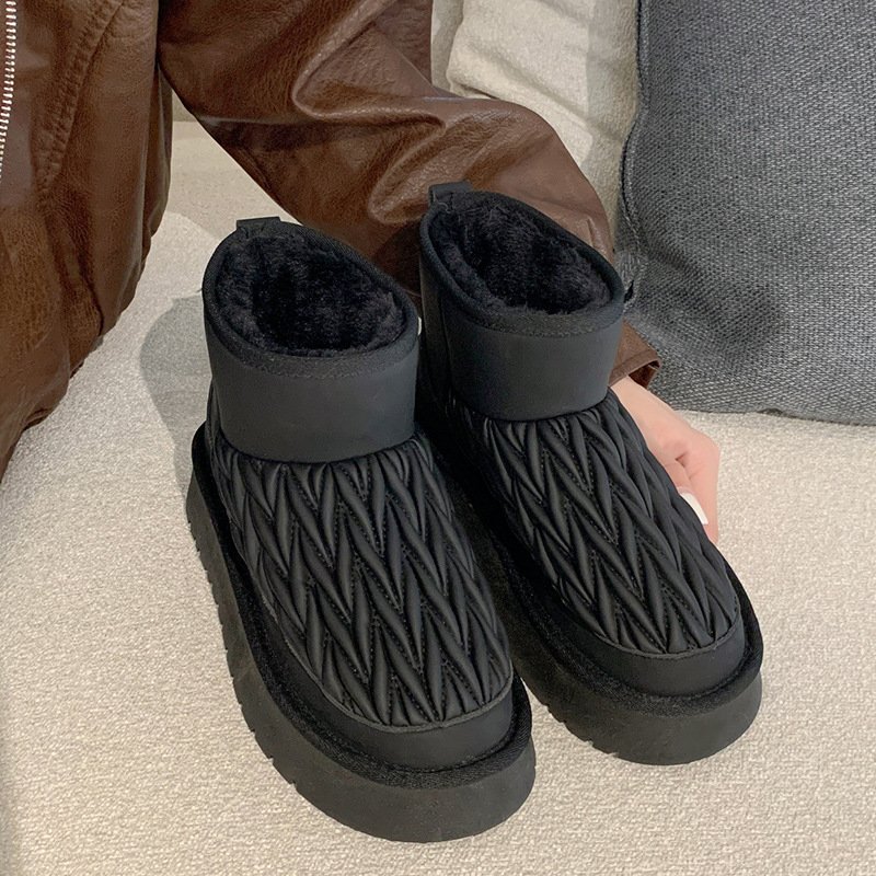 Winter New Round Head Plus Fleece Flat Fashion Casual Thick Cotton Shoes Shoe Hombr Thick Warm Short Snow Boots For Women