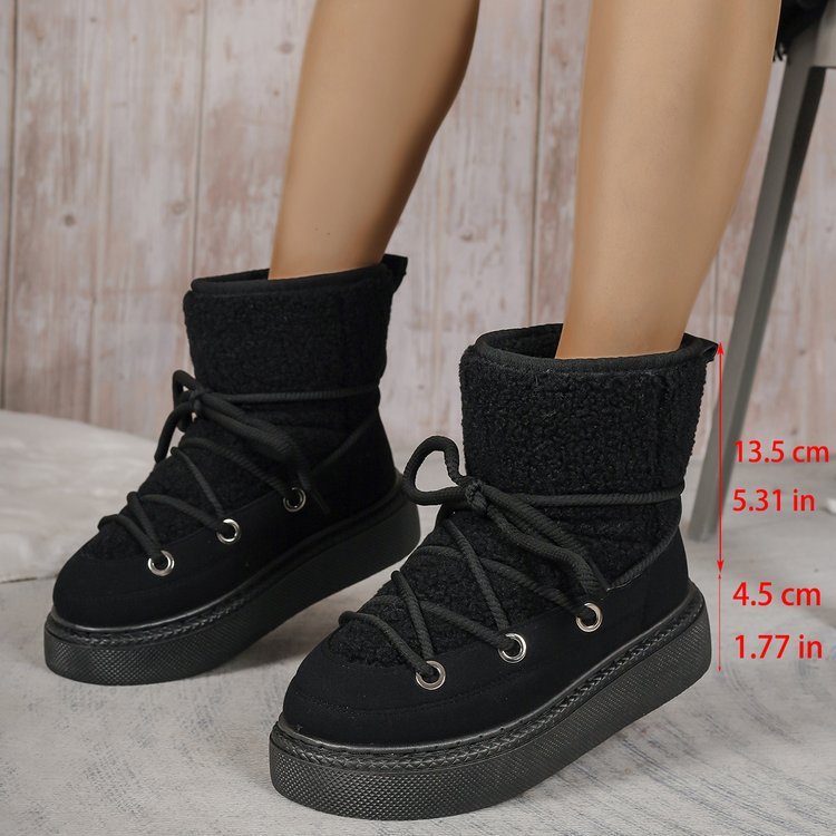 2024 Women's Comfortable Mid-Calf Fluffy Snow Boots Thick Suede Casual Shoes PU Flat Cross-Tied Design Non-Slip Rubber Upper