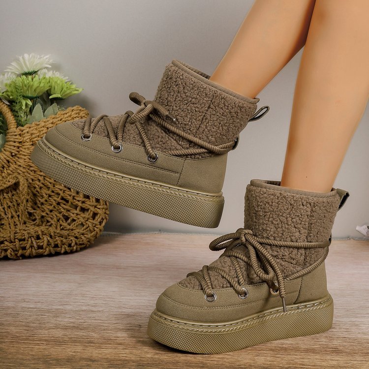 2024 Women's Comfortable Mid-Calf Fluffy Snow Boots Thick Suede Casual Shoes PU Flat Cross-Tied Design Non-Slip Rubber Upper