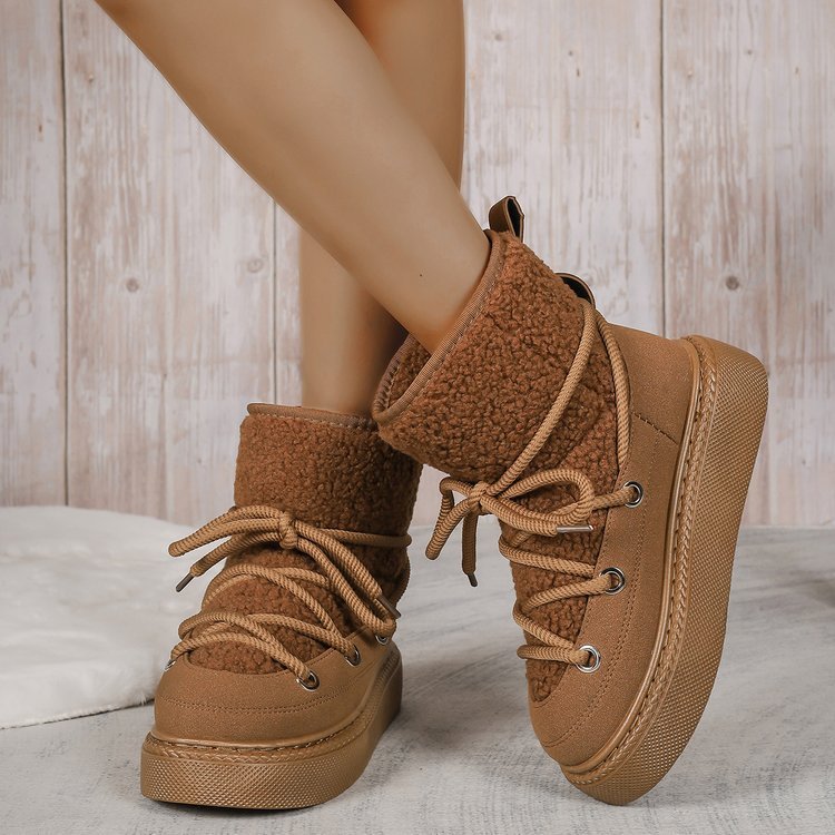 2024 Women's Comfortable Mid-Calf Fluffy Snow Boots Thick Suede Casual Shoes PU Flat Cross-Tied Design Non-Slip Rubber Upper