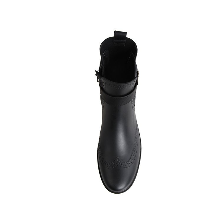 Low heel unique design ankle boot black rubber rain boots for women