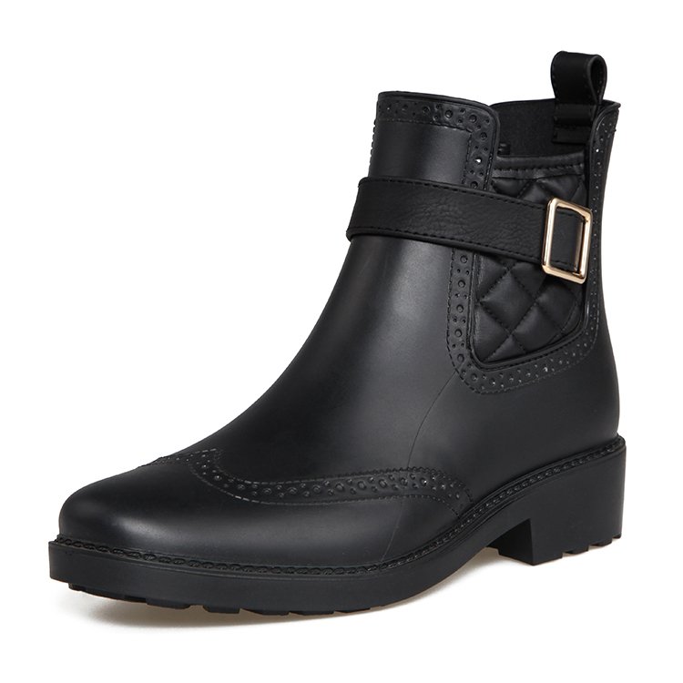 Low heel unique design ankle boot black rubber rain boots for women