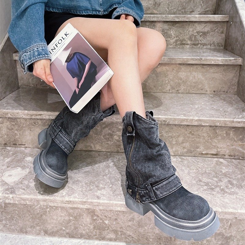 Designer New Brand Round Toe Thick Bottom Side Zipper Belt Buckle Female Shoes Solid Color Denim Ankle Boots For Women