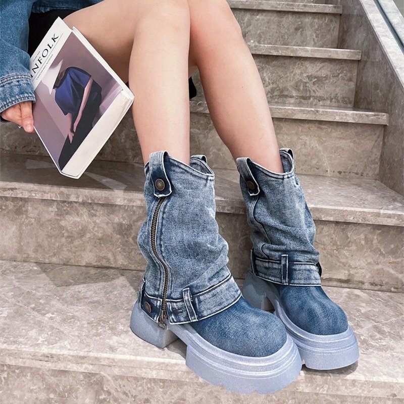 Designer New Brand Round Toe Thick Bottom Side Zipper Belt Buckle Female Shoes Solid Color Denim Ankle Boots For Women