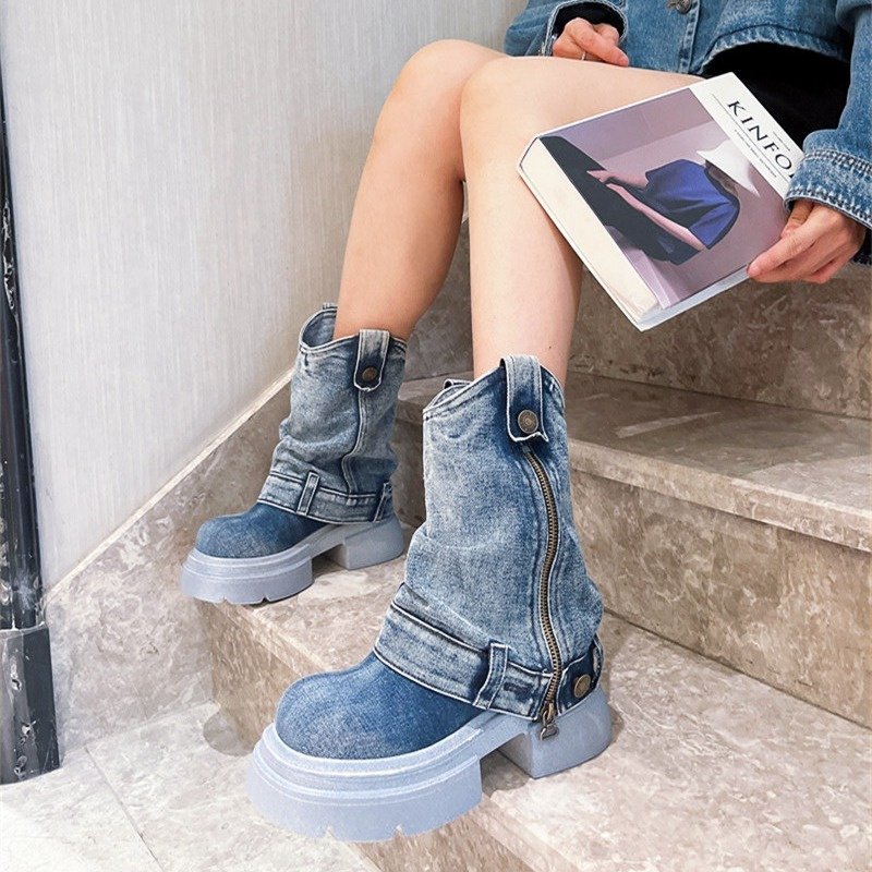 Designer New Brand Round Toe Thick Bottom Side Zipper Belt Buckle Female Shoes Solid Color Denim Ankle Boots For Women