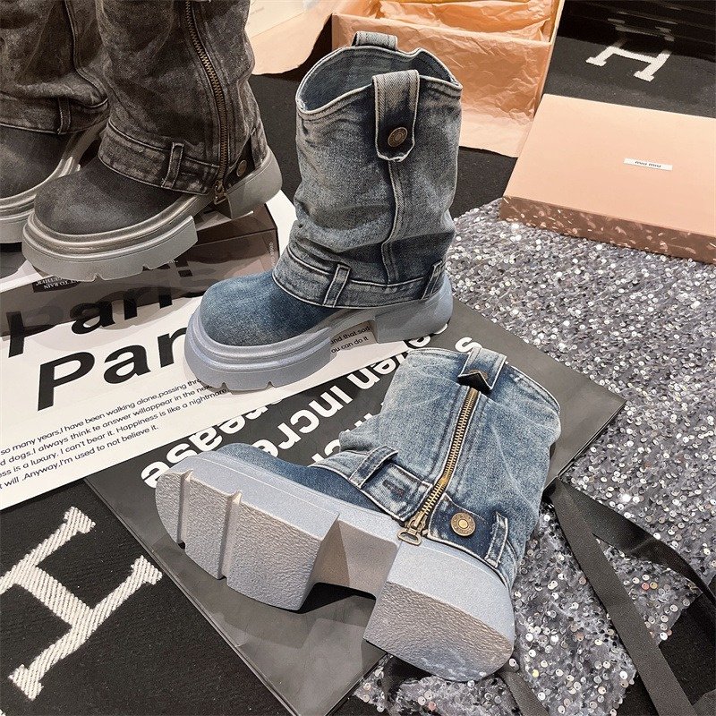Designer New Brand Round Toe Thick Bottom Side Zipper Belt Buckle Female Shoes Solid Color Denim Ankle Boots For Women