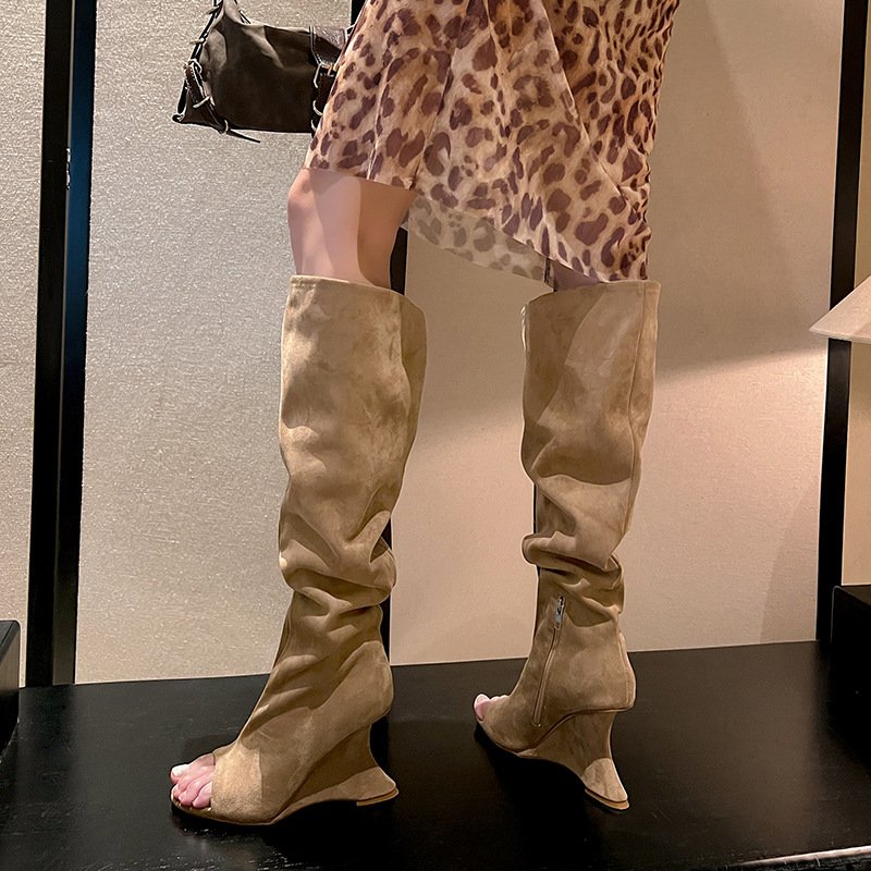 Women's round toe fish mouth sloping heel large tube cool boots summer new elastic boots velvet side zipper high heels