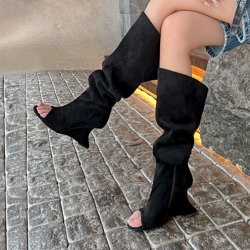 Women's round toe fish mouth sloping heel large tube cool boots summer new elastic boots velvet side zipper high heels
