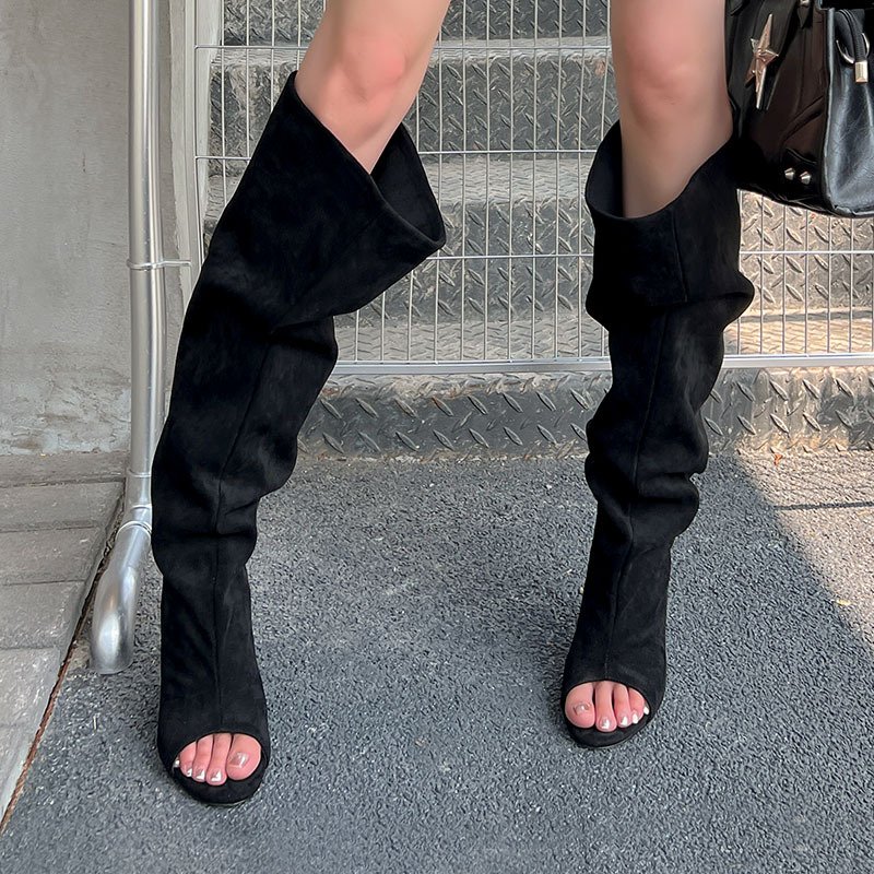 Women's round toe fish mouth sloping heel large tube cool boots summer new elastic boots velvet side zipper high heels