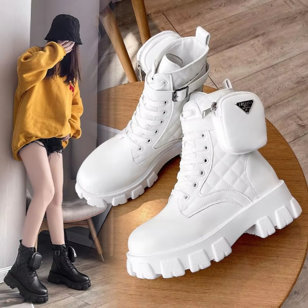 Wholesale Ladies Pu Leather Boots Platform Thick-Soled Shoes with Bags Lace On Ladies Winter Boots