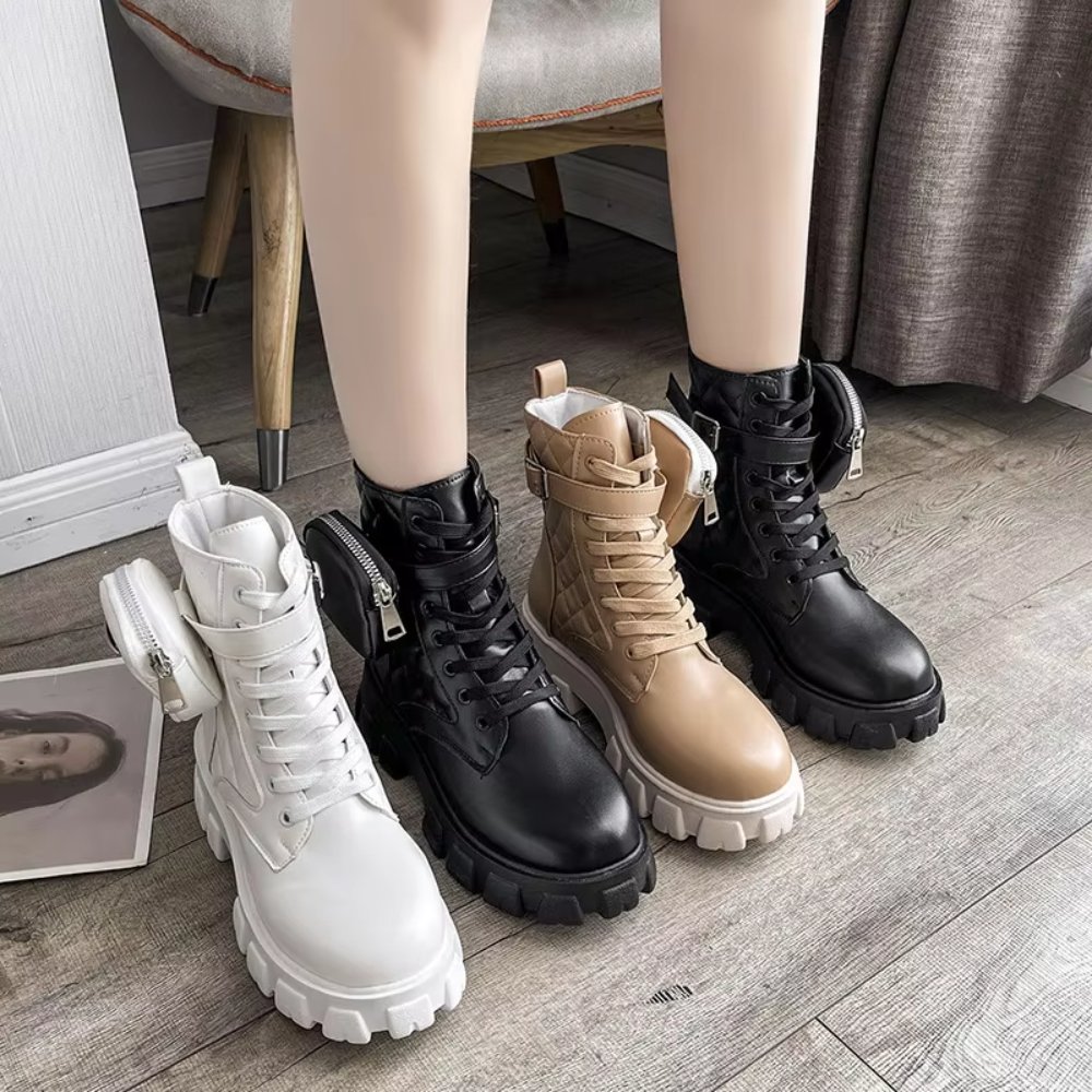 Wholesale Ladies Pu Leather Boots Platform Thick-Soled Shoes with Bags Lace On Ladies Winter Boots