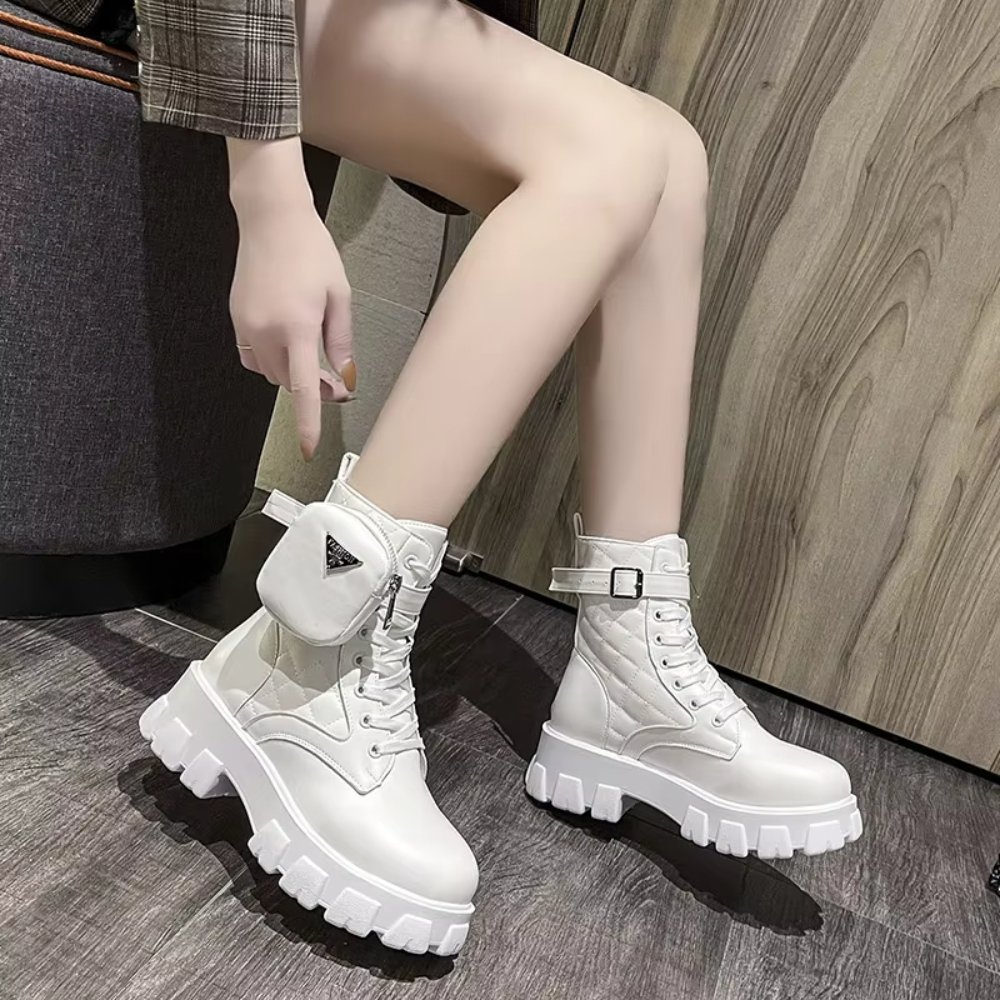 Wholesale Ladies Pu Leather Boots Platform Thick-Soled Shoes with Bags Lace On Ladies Winter Boots