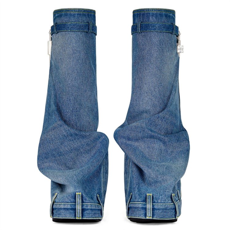 2023 Women's Autumn Winter Knee Boots Zipper Denim Washed Cloth Create Old Design Wedge Heel Thick Sole Round Toe Boots