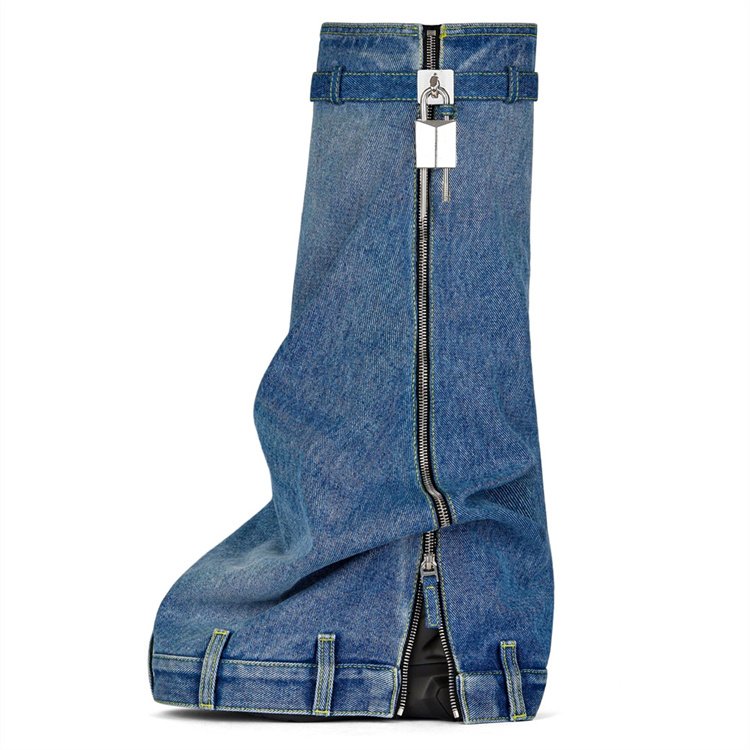 2023 Women's Autumn Winter Knee Boots Zipper Denim Washed Cloth Create Old Design Wedge Heel Thick Sole Round Toe Boots