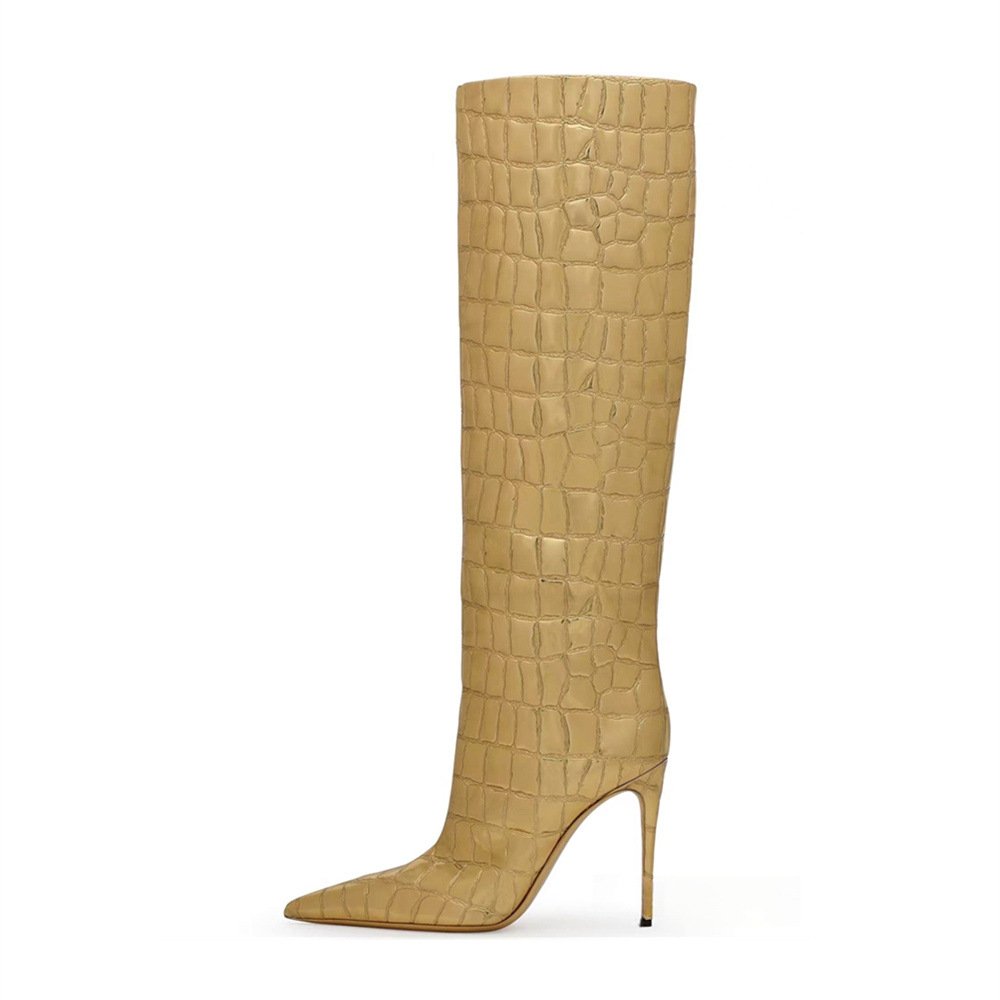 Hot Selling Custom Ladies Animal Print Leopard Thin Heel Pointed Women Rubber Winter Knee High Boots