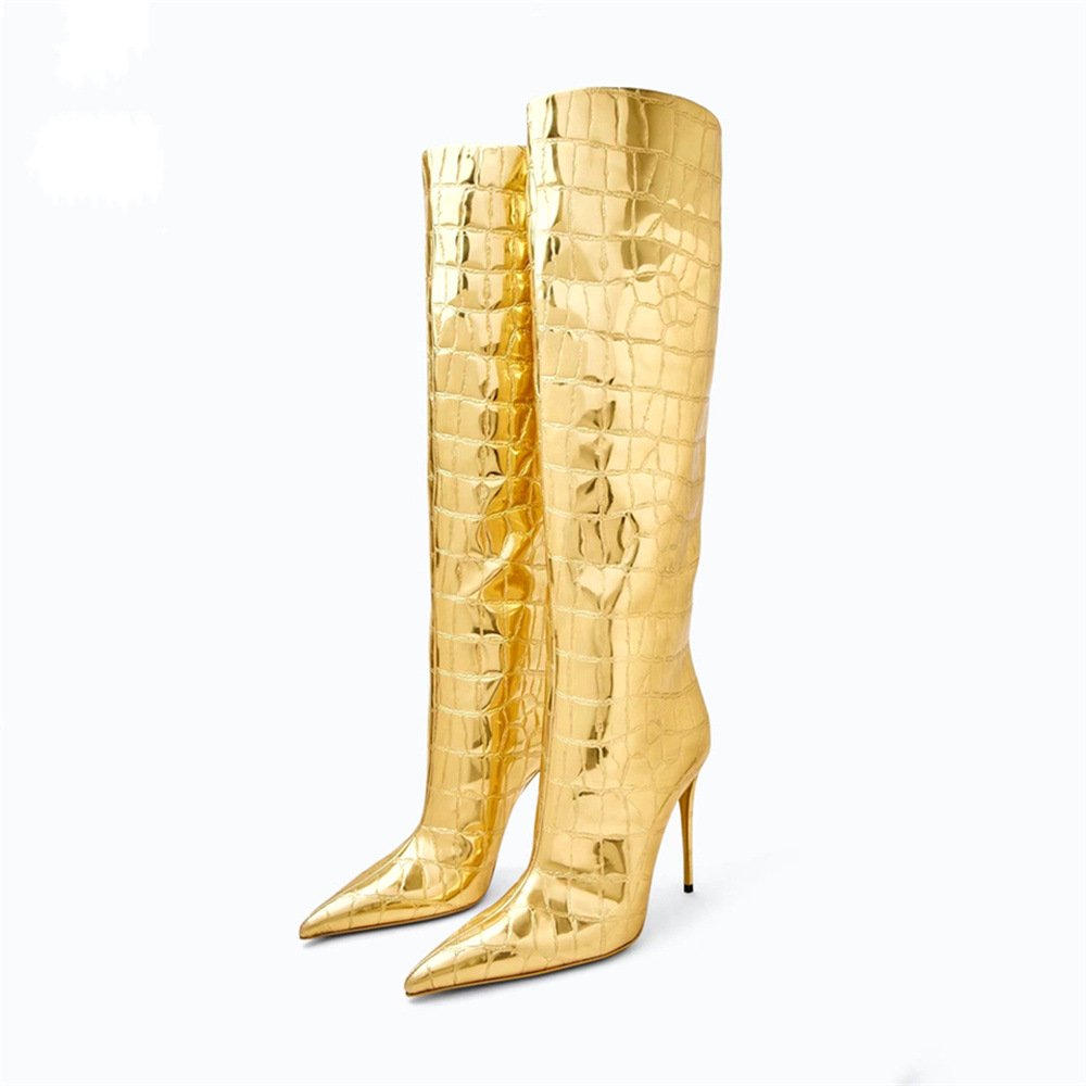 Hot Selling Custom Ladies Animal Print Leopard Thin Heel Pointed Women Rubber Winter Knee High Boots