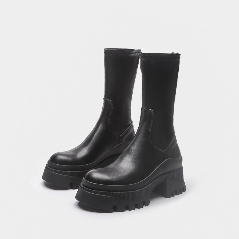 Botas Para Mujer Fashion Chunky Heel Platform Bootie Shoes Black Leather Ankle Boots