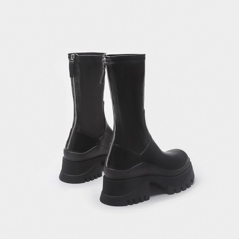 Botas Para Mujer Fashion Chunky Heel Platform Bootie Shoes Black Leather Ankle Boots
