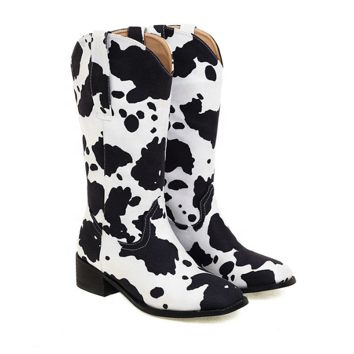 Girls boots autumn and winter new brown western cowboy boots square toe thick heel middle heel middle boots cow sleeve high tube