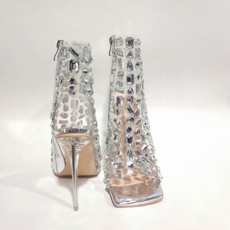 Bling Botas Peep Toe Elegant Wanita Booties Shoes Lady High Heel Luxury Rhinestone Boots