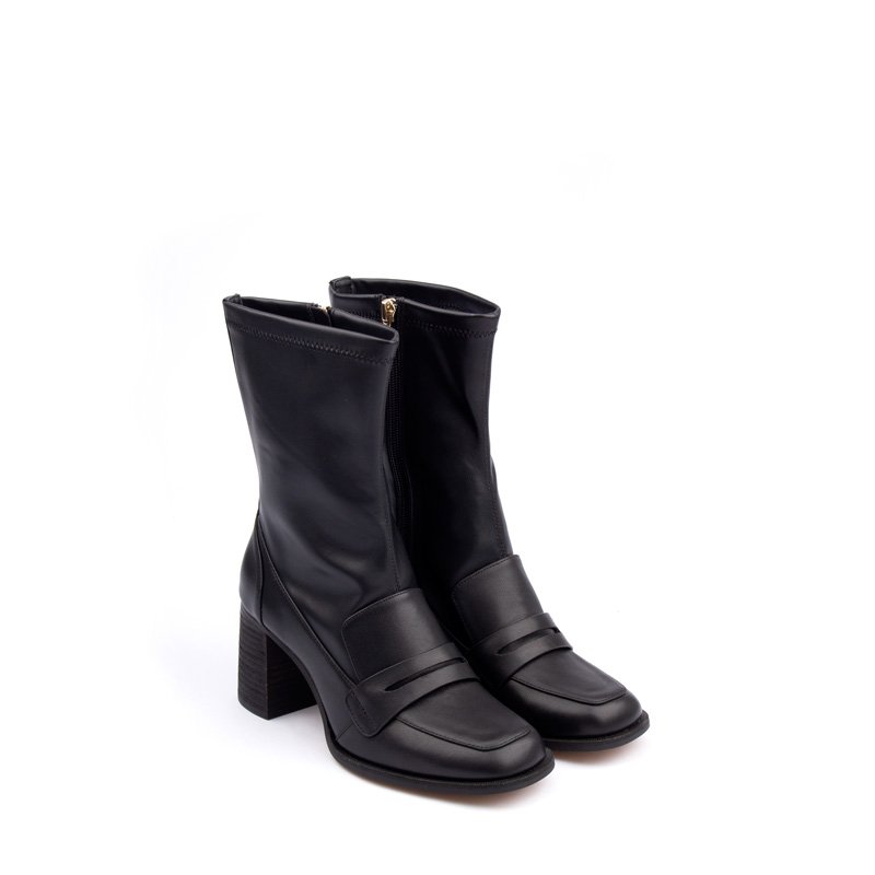2024 Elegant Girl's Boots Shoes Genuine Leather Wood Heel Shoes Square Toe Chunky Block High Heel Classic Midi Boots For Girl