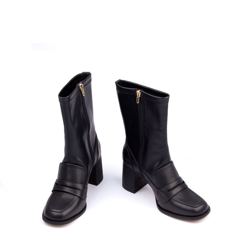 2024 Elegant Girl's Boots Shoes Genuine Leather Wood Heel Shoes Square Toe Chunky Block High Heel Classic Midi Boots For Girl