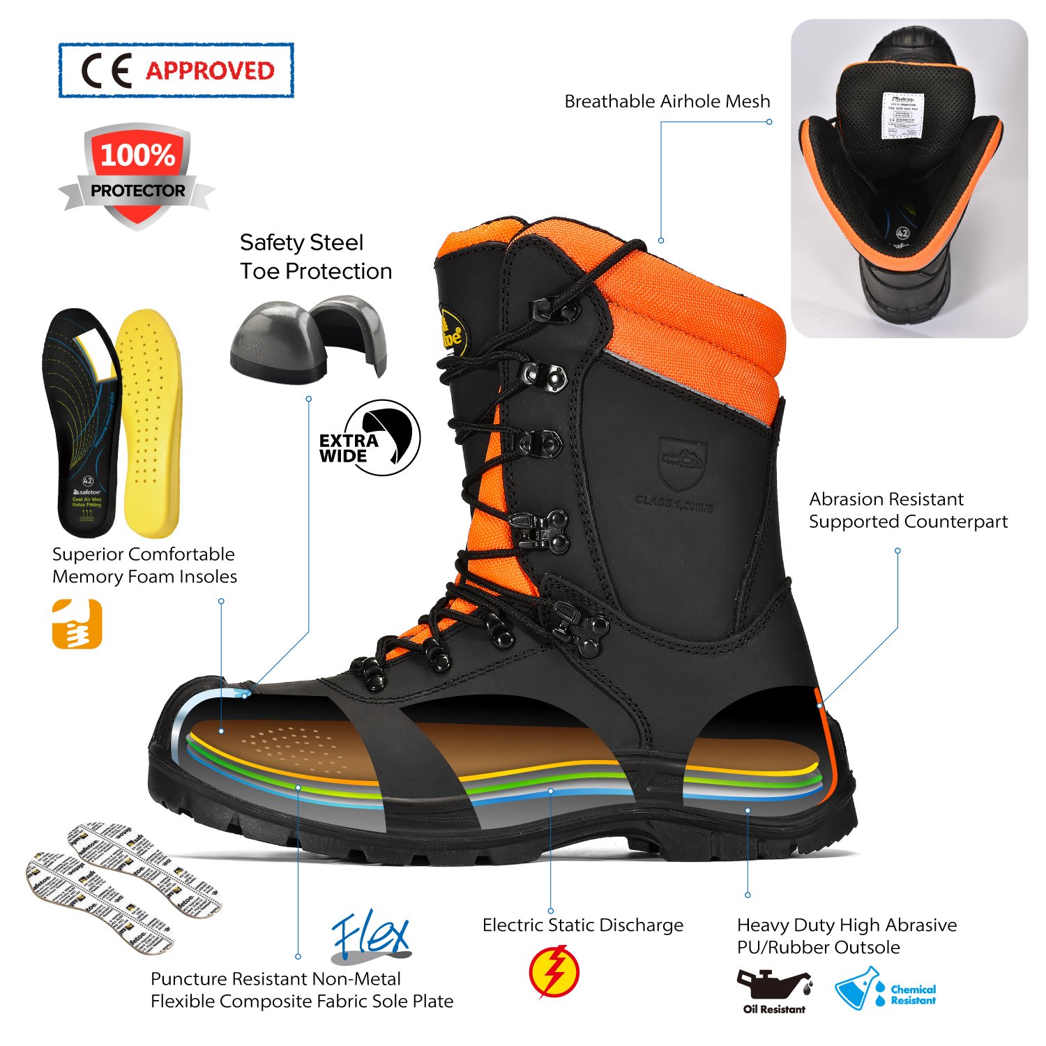 CE Approved Class 1 Chainsaw Cut Resistant Safety Work Boots