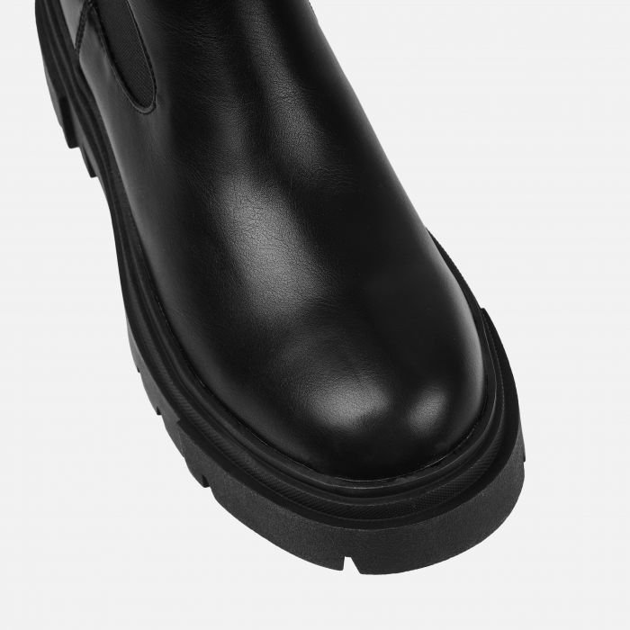 black and white flat chunky sole round toe knee high boots for women and laddies