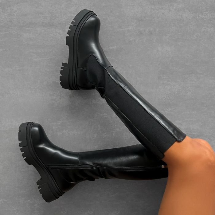 black and white flat chunky sole round toe knee high boots for women and laddies