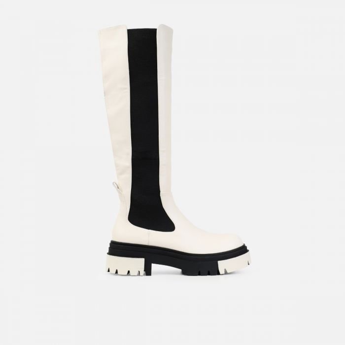 black and white flat chunky sole round toe knee high boots for women and laddies