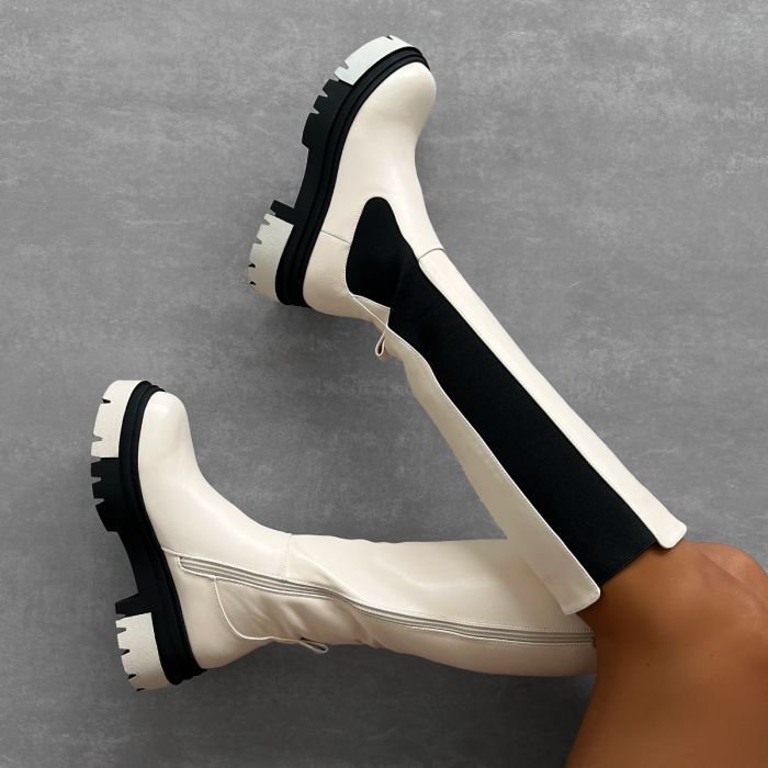 black and white flat chunky sole round toe knee high boots for women and laddies