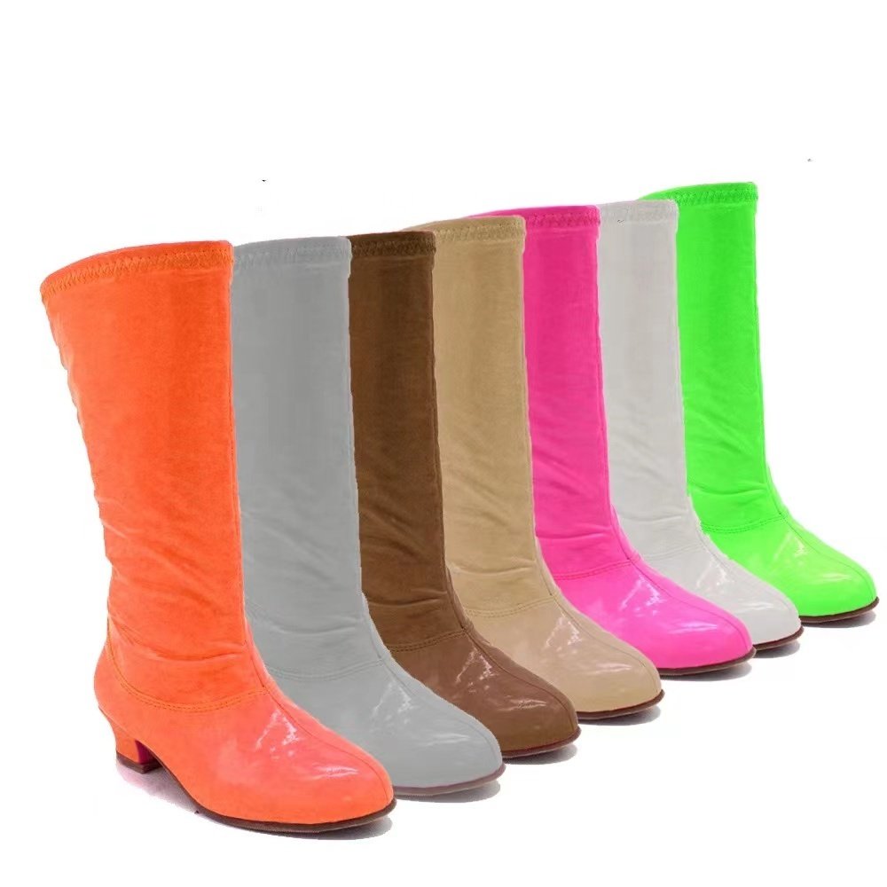 Fashion Candy Color Stretch Girls Heel Pointed Toe long Boots brown girls kids knee high boots