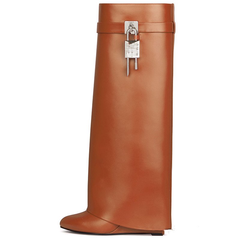 Winter New Round Toe Slope Heel Big Barrel Boots Leather Large Size Locking Skirt Boots Brown Cowhide Knee Length Boots