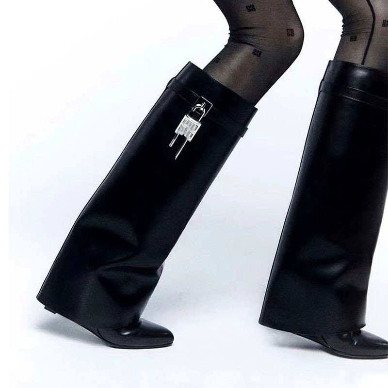 Winter New Round Toe Slope Heel Big Barrel Boots Leather Large Size Locking Skirt Boots Brown Cowhide Knee Length Boots