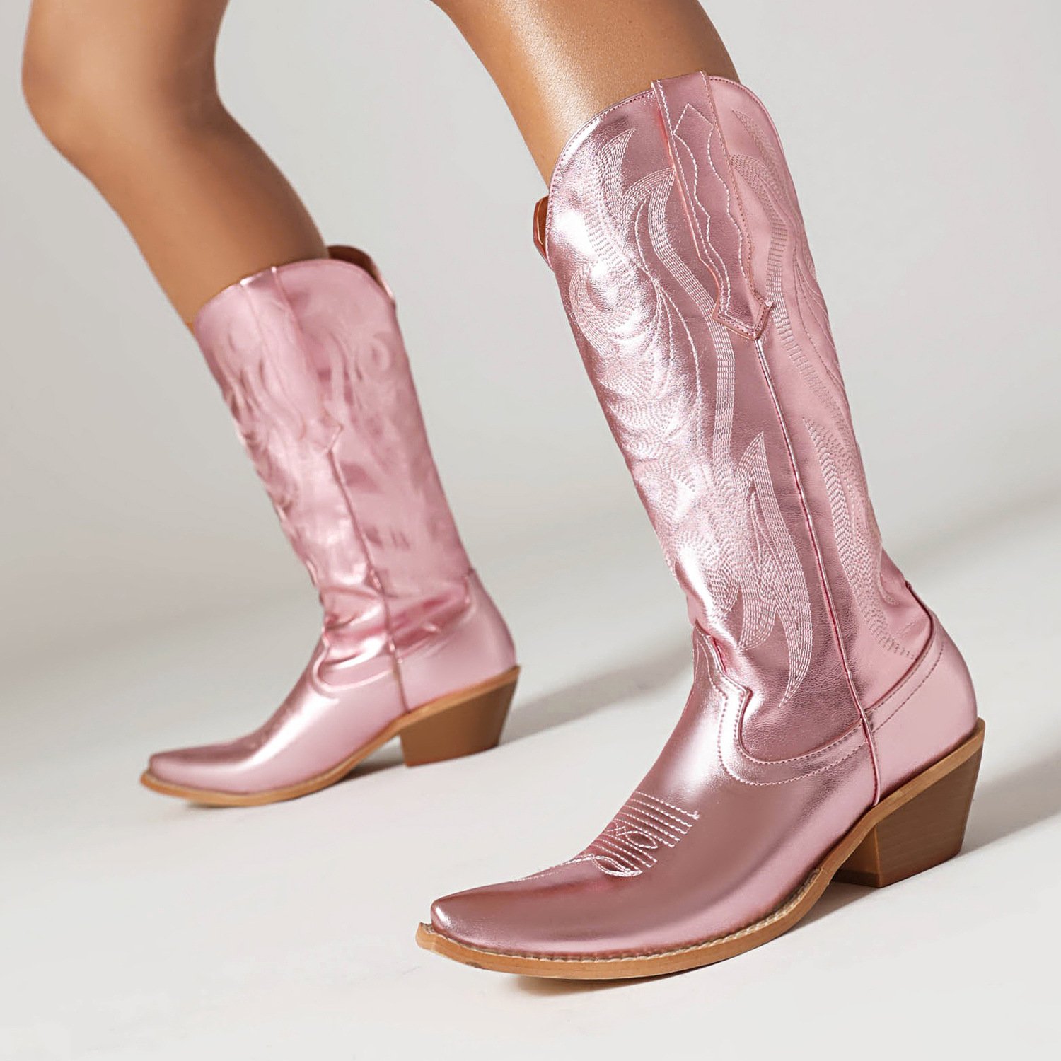 SHIKOL Classics Embroidery Cowboy Boots For Women 2023 Fashion Cowgirl Wide Calf Block Heels For Ladies Boots