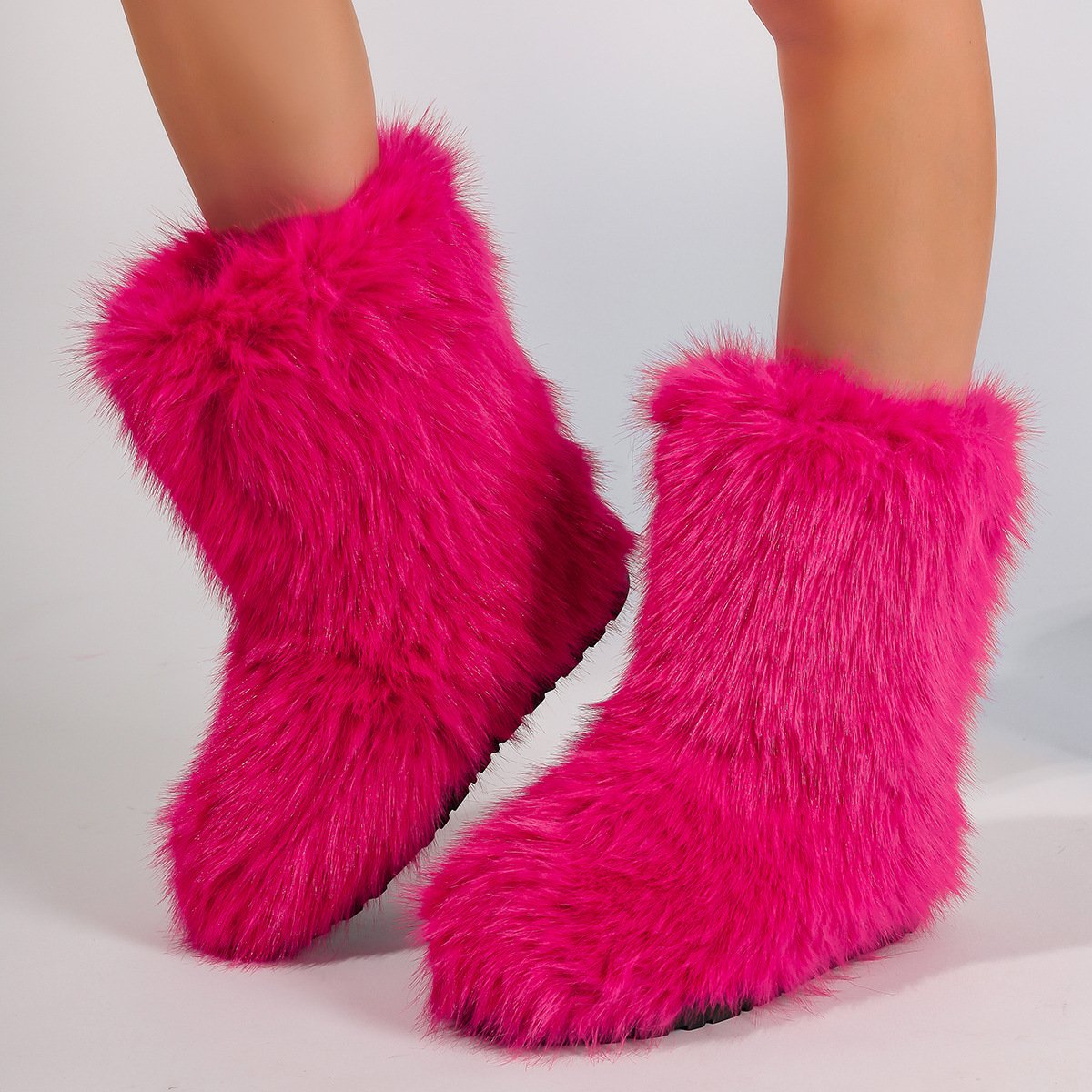SHIKOL pink white red fluffy boots women winter mid calf flats faux fox fur boots big size 12 fashIon Y2K winter boots for women
