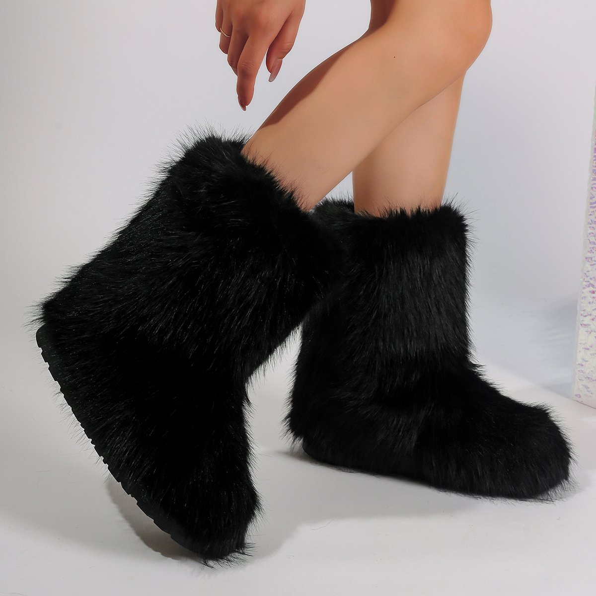 SHIKOL pink white red fluffy boots women winter mid calf flats faux fox fur boots big size 12 fashIon Y2K winter boots for women